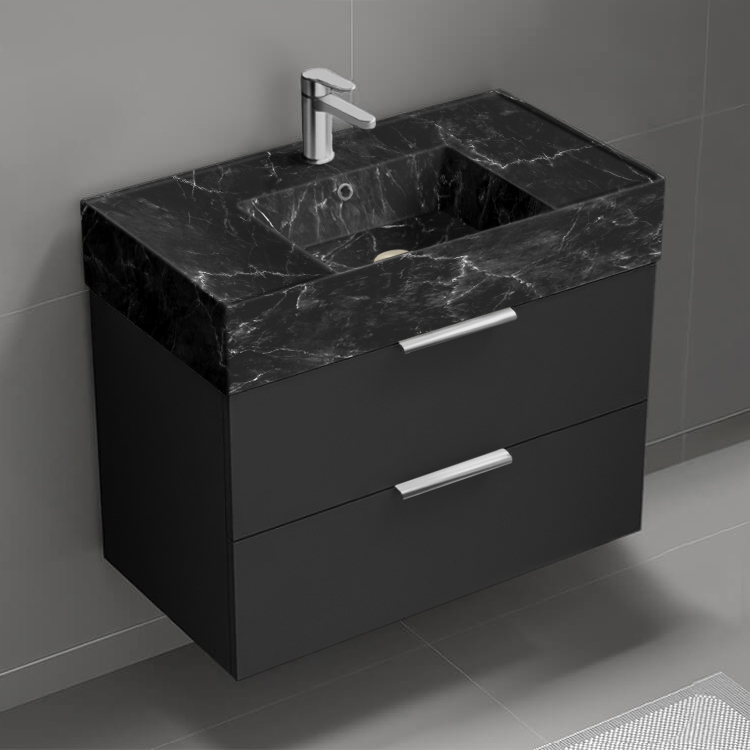 Nameeks DERIN881 Black Bathroom Vanity With Black Marble Design Sink, Floating, Modern, 32 Inch